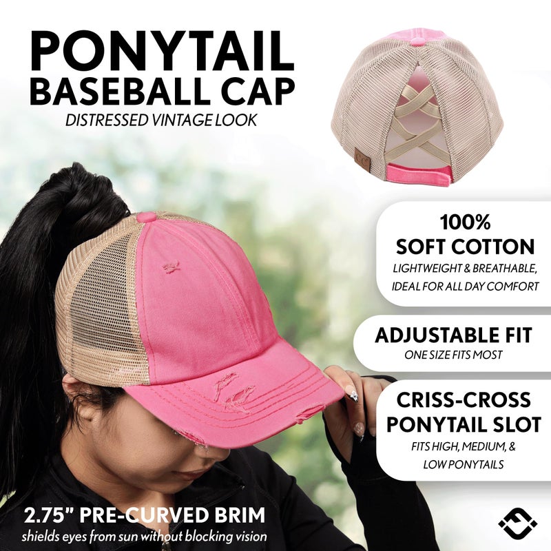 Funky Junque قبعة ذيل حصان مضحكة من فنكي جنك للنساء، قبعة كرة مع كعكة فوضوية ممزقة مع فتحات متعددة - شبكة بيج - وردي (ممزق) - Image 2